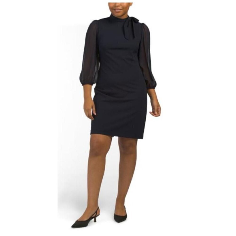 Calvin Klein Womens Dark Blue Illusion Long Sleeve Tie Neck Shift Dress Sz 8 New